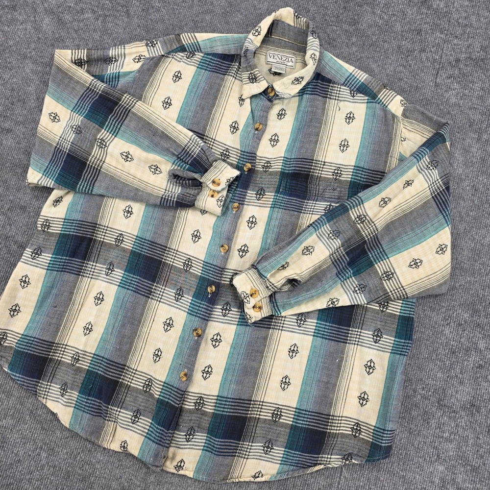 Venezia Vitale Womens Plus 22/24 Plaid Embroidered Cotton Button Down Shirt Teal